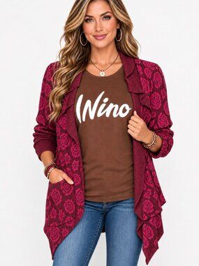 BOUTIQUE BRAND (2) Piece Brown/Pink Floral Sweater & Short Slve Brown Tee M/S